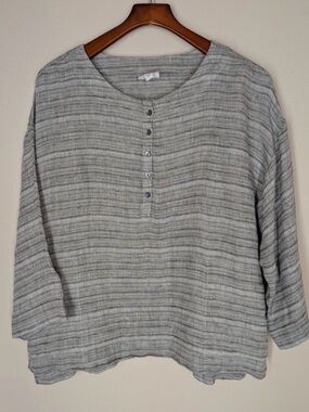 J. Jill Light Gray Striped Button-Front Linen Blend Blouse